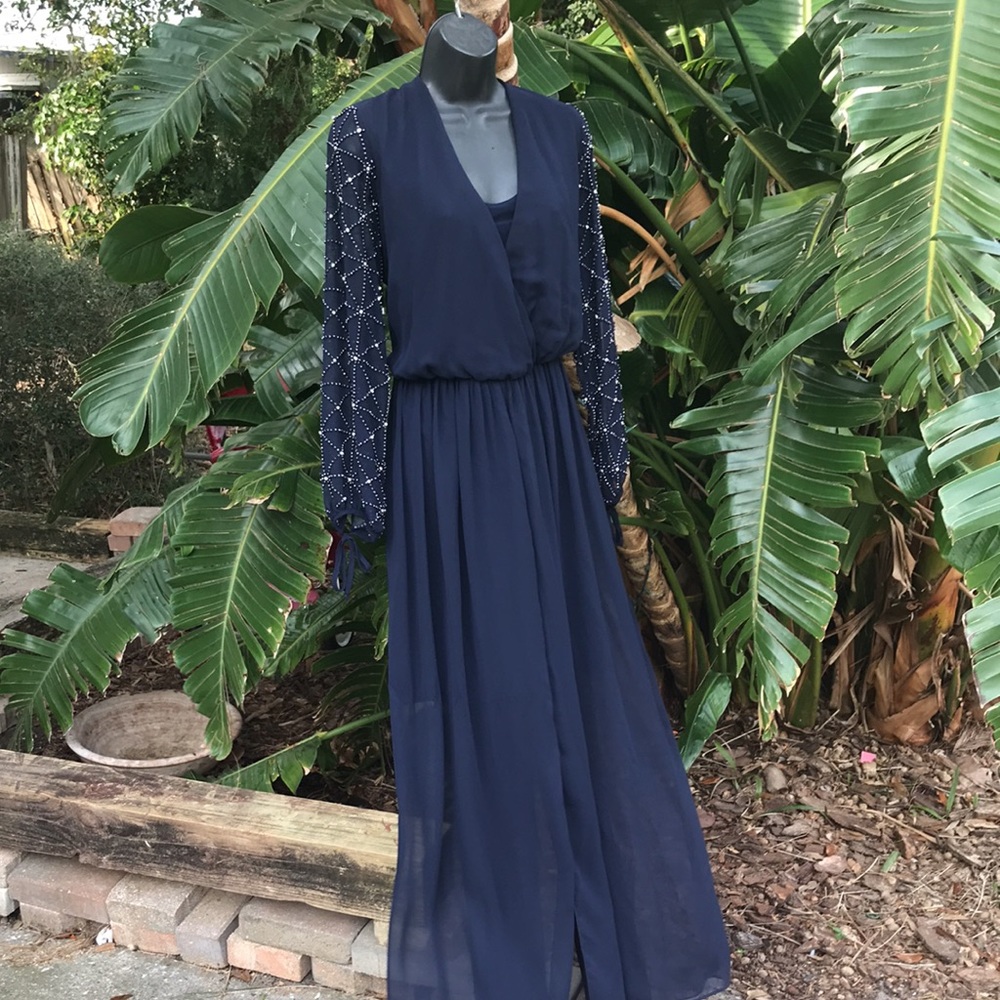 Betsy and Adam beaded sheer sleeve gown - Picture 3 of 13